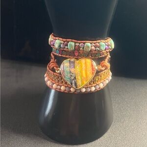 Mixed gemstone adjustable leather rainbow heart wrap bracelet